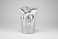 Clear bag of whey protein powder with a label on a white background