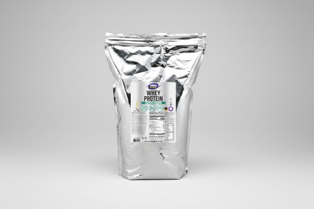 Clear bag of whey protein powder with a label on a white background