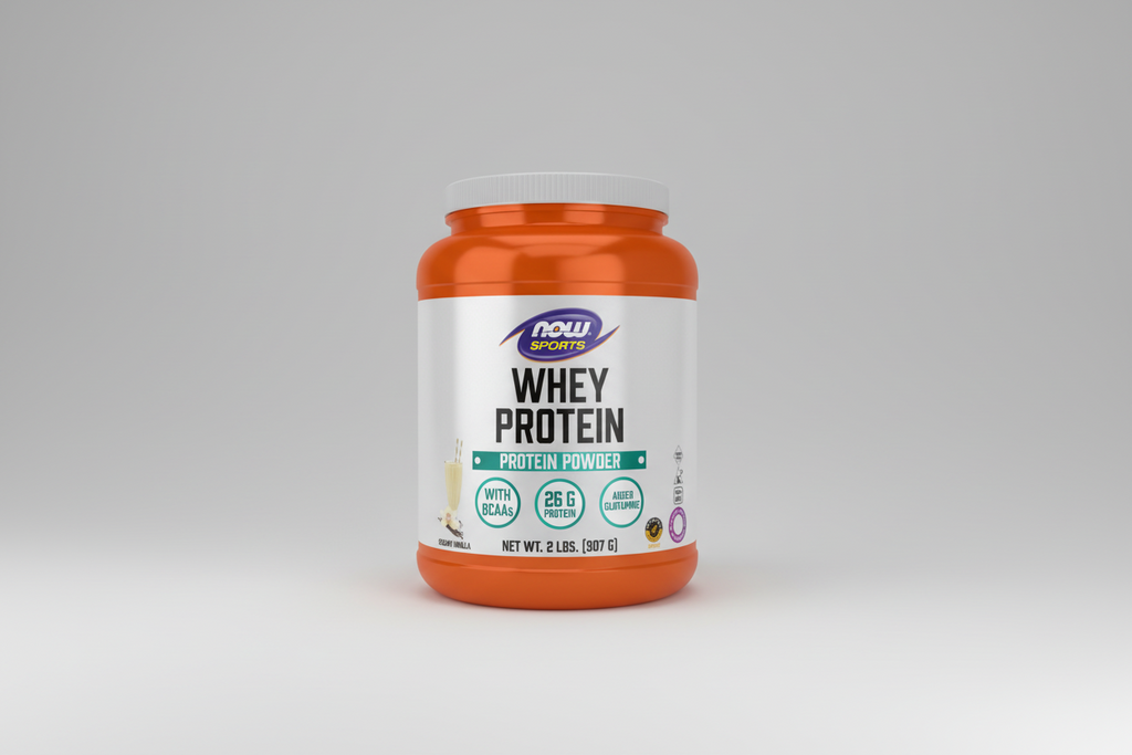 Orange and white container of NOW Sports Whey Protein Powder on a white background