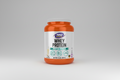 Orange and white container of NOW Sports Whey Protein Powder on a white background