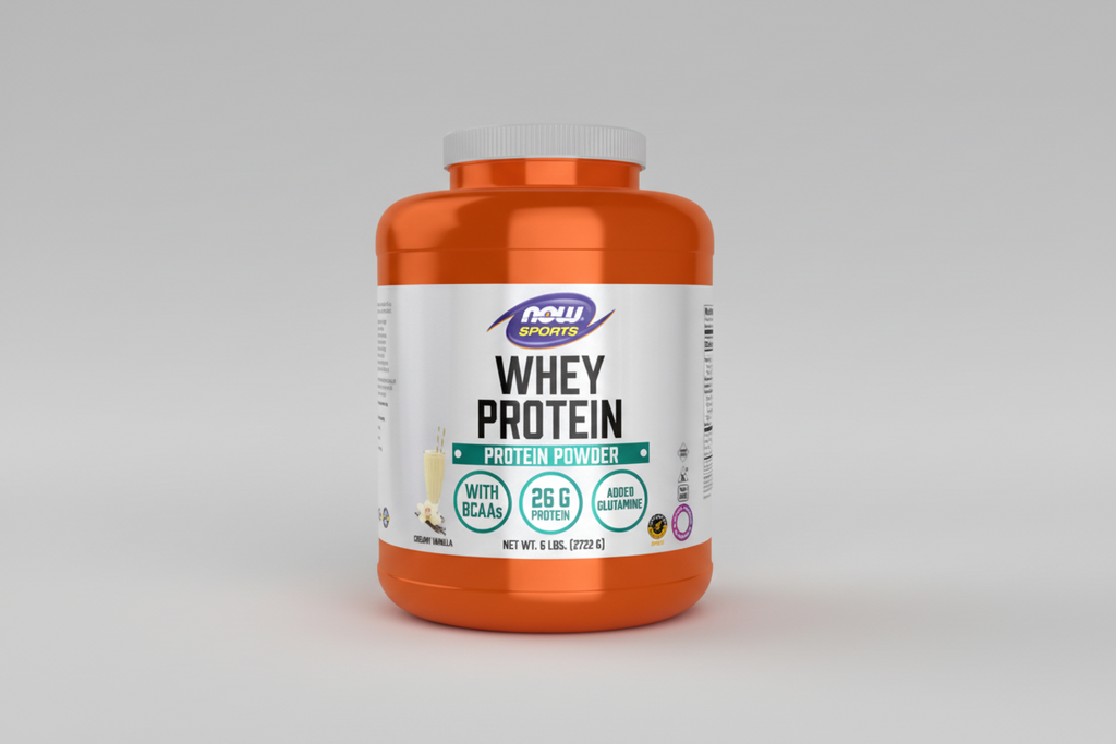 Orange container of NOW Sports Whey Protein on a white background