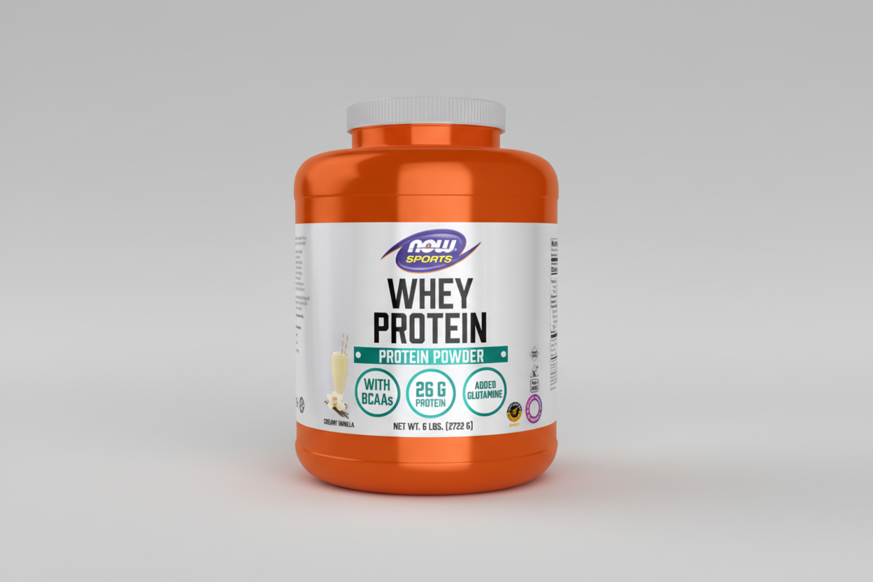 Orange container of NOW Sports Whey Protein on a white background