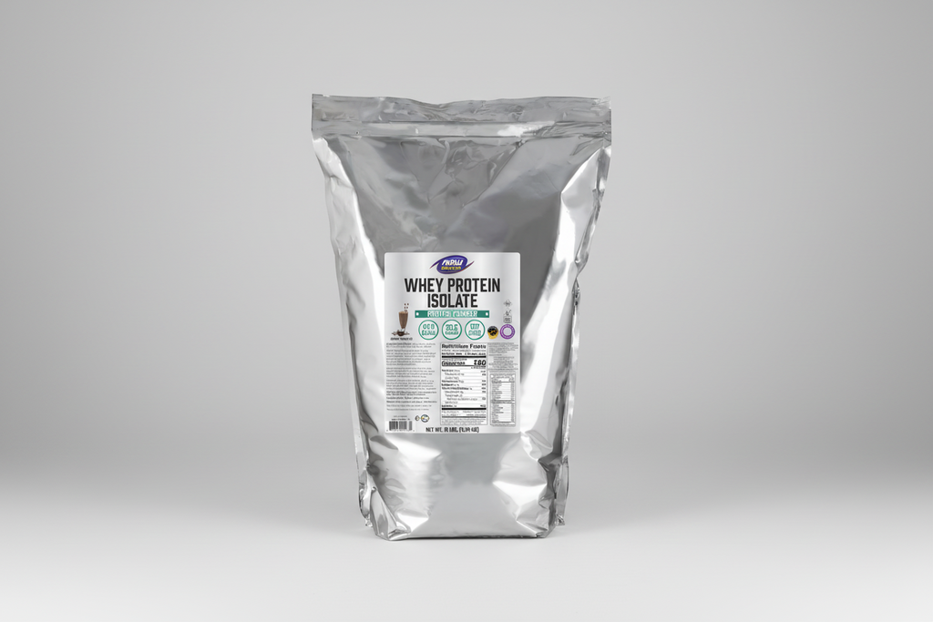 Bag of whey protein isolate with a label on a white background
