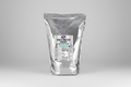 Bag of whey protein isolate with a label on a white background