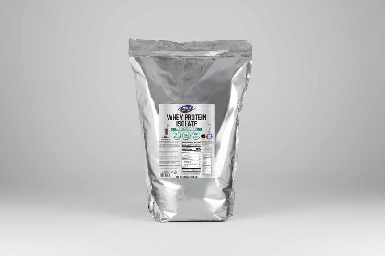 Bag of whey protein isolate with a label on a white background