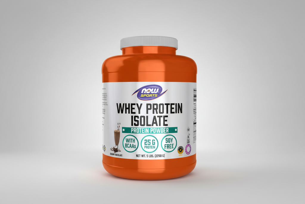 Orange container of NOW Sports Whey Protein Isolate on a white background