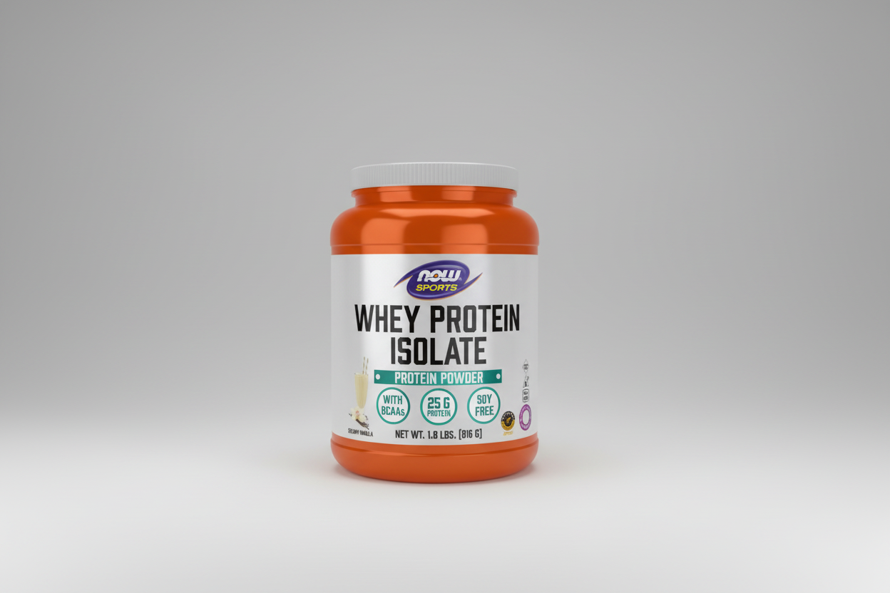Orange container of NOW Sports Whey Protein Isolate on a white background