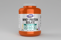 Orange container of NOW Sports Whey Protein Isolate on a white background
