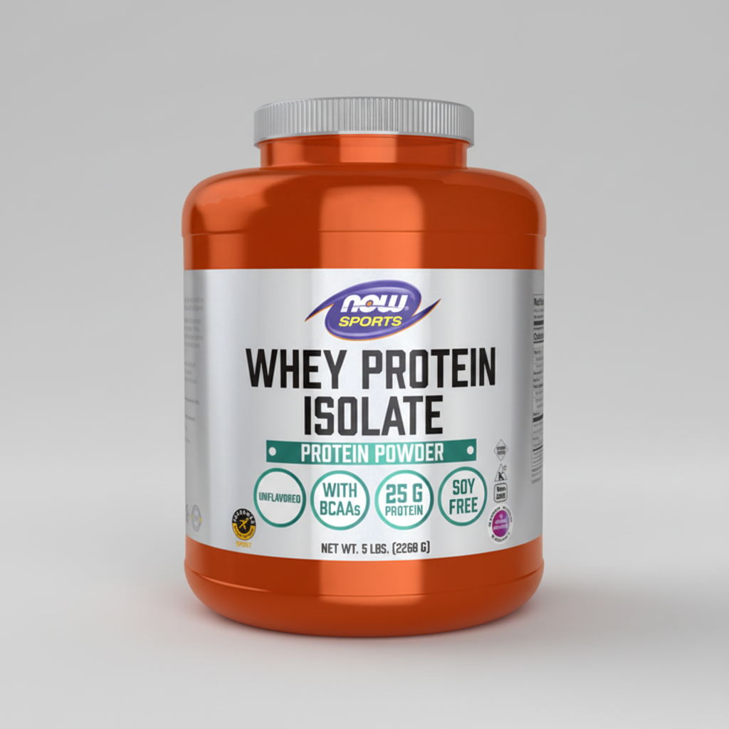 Orange container of NOW Sports Whey Protein Isolate on a white background
