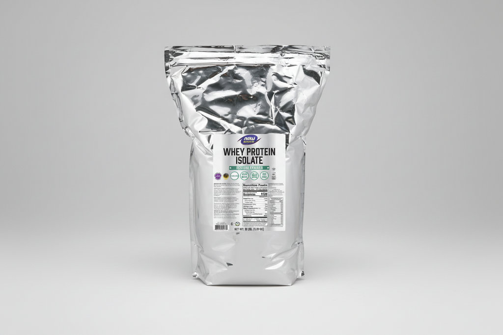 Bag of NOW Sports Whey Protein Isolate on a white background