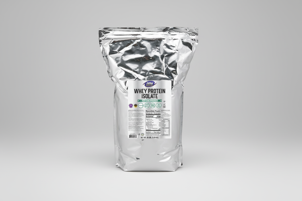 Bag of NOW Sports Whey Protein Isolate on a white background