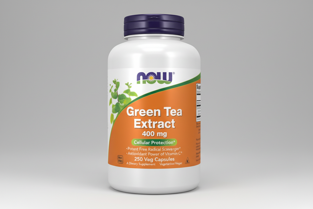 Supplement bottle of Green Tea Extract with NOW brand on a white background