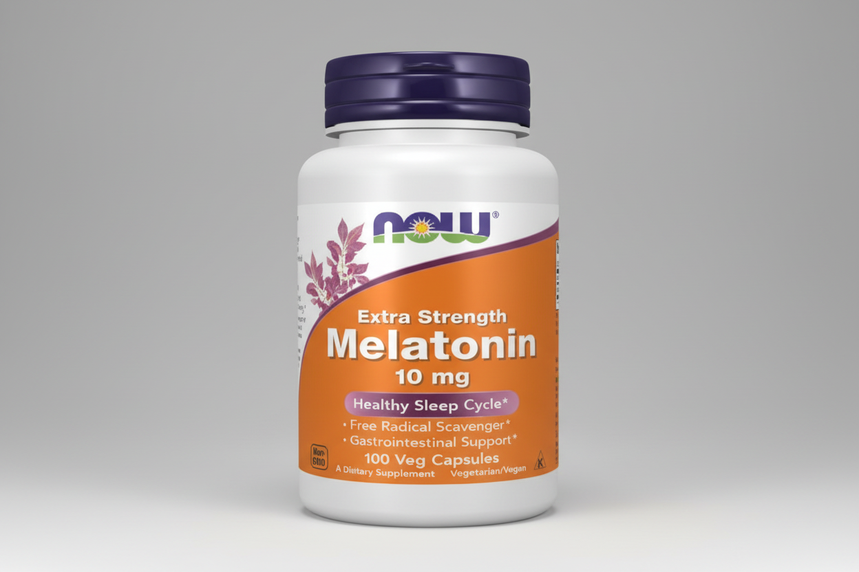 Supplement bottle of Extra Strength Melatonin 10 mg with NOW brand on a white background