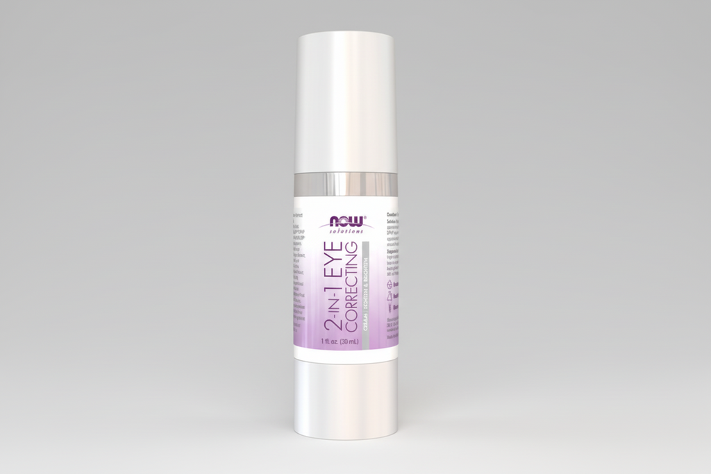 Skincare bottle labeled '2-in-1 Eye Correcting' on a white background