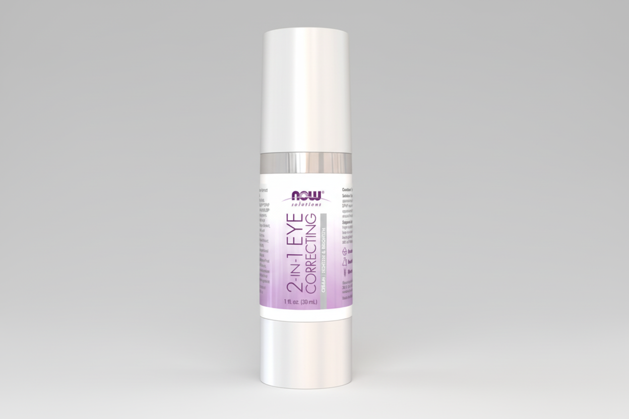 Skincare bottle labeled '2-in-1 Eye Correcting' on a white background