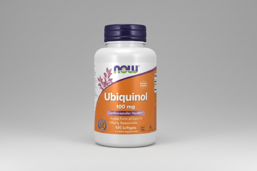 Supplement bottle labeled 'Ubiquinol 100 mg' with NOW brand on a white background