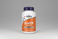 Supplement bottle labeled '5-HTP 100 mg' with NOW brand on a white background