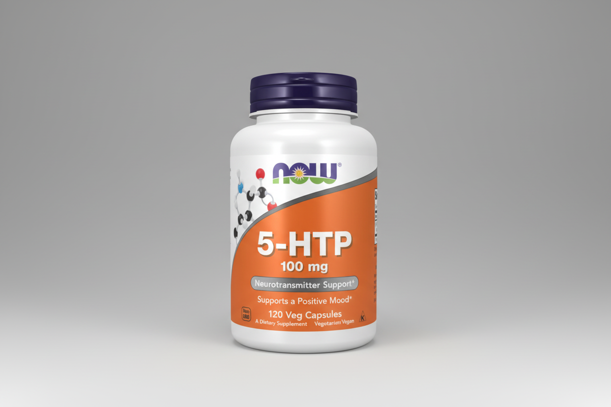 Supplement bottle labeled '5-HTP 100 mg' with NOW brand on a white background