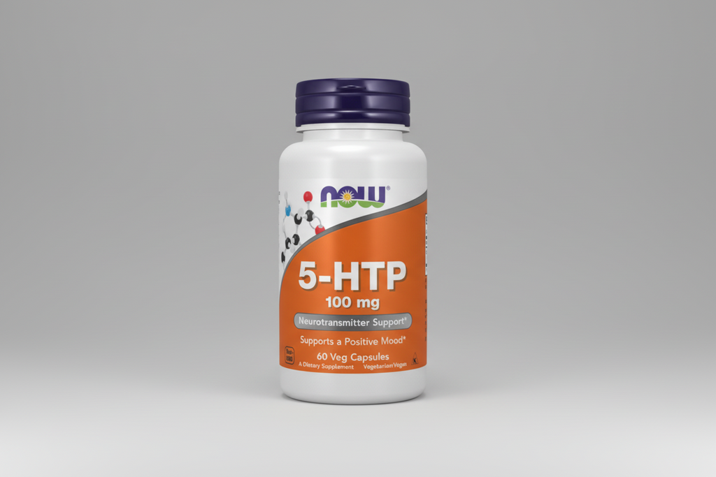 Supplement bottle labeled '5-HTP 100 mg' with NOW brand on a white background