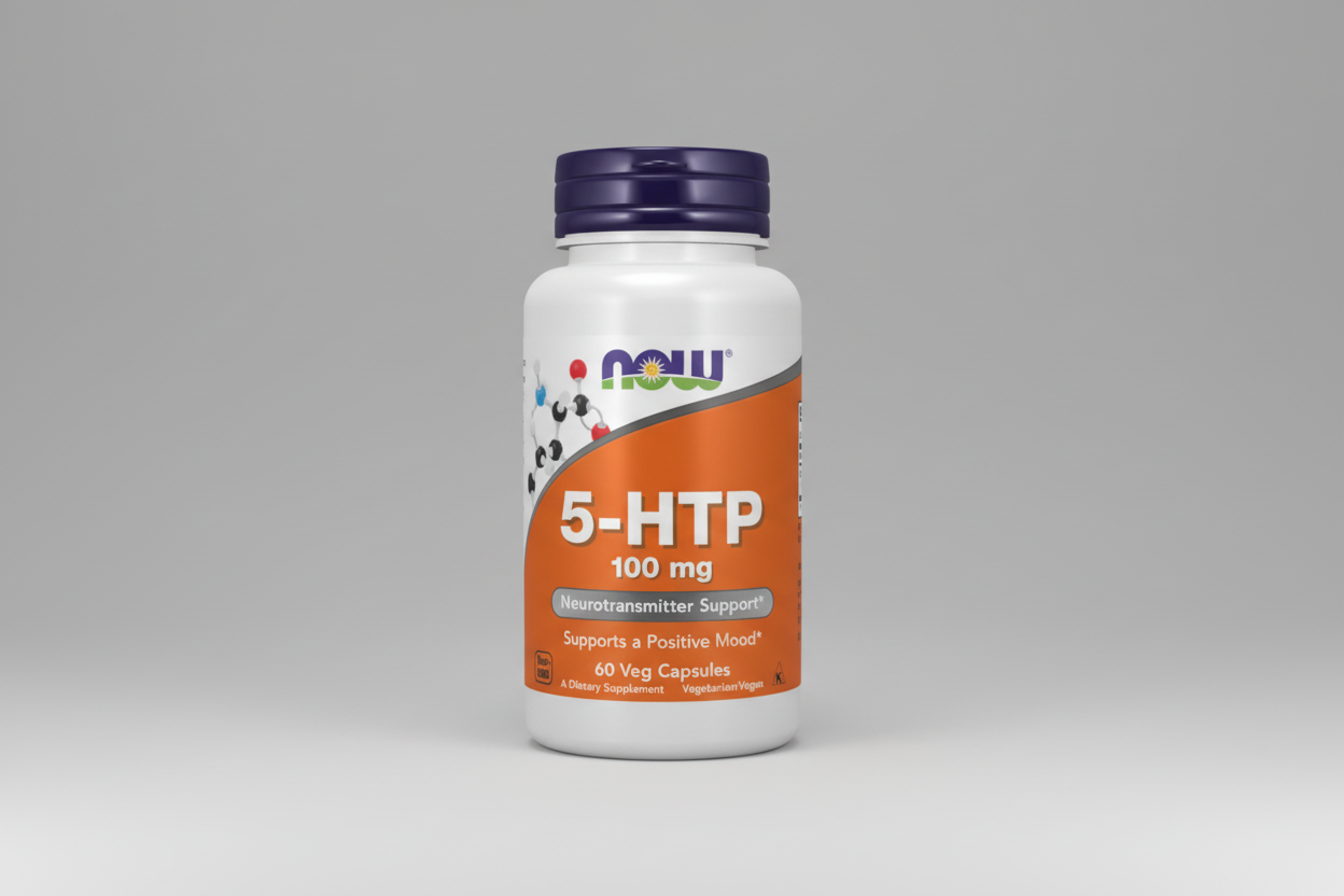 Supplement bottle labeled '5-HTP 100 mg' with NOW brand on a white background