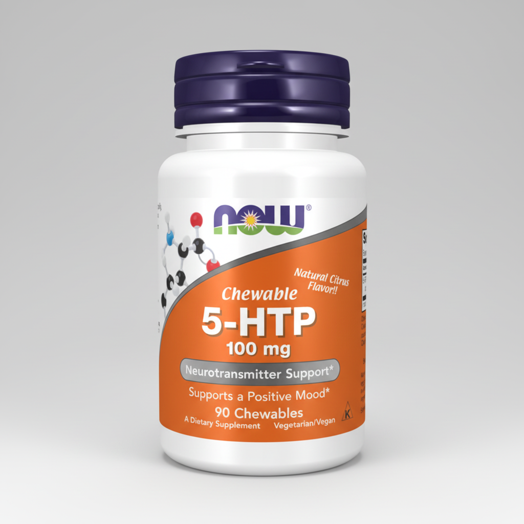 Supplement bottle labeled 'Chewable 5-HTP 100 mg' by NOW on a white background