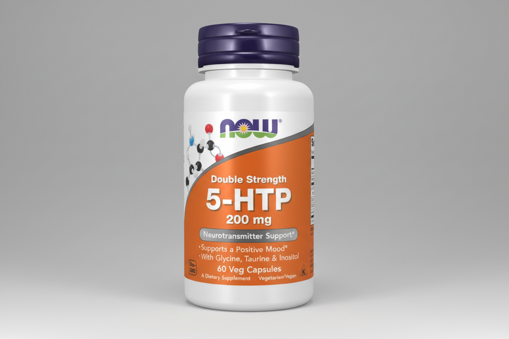 Supplement bottle labeled 'Double Strength 5-HTP 200 mg' with NOW brand on a white background
