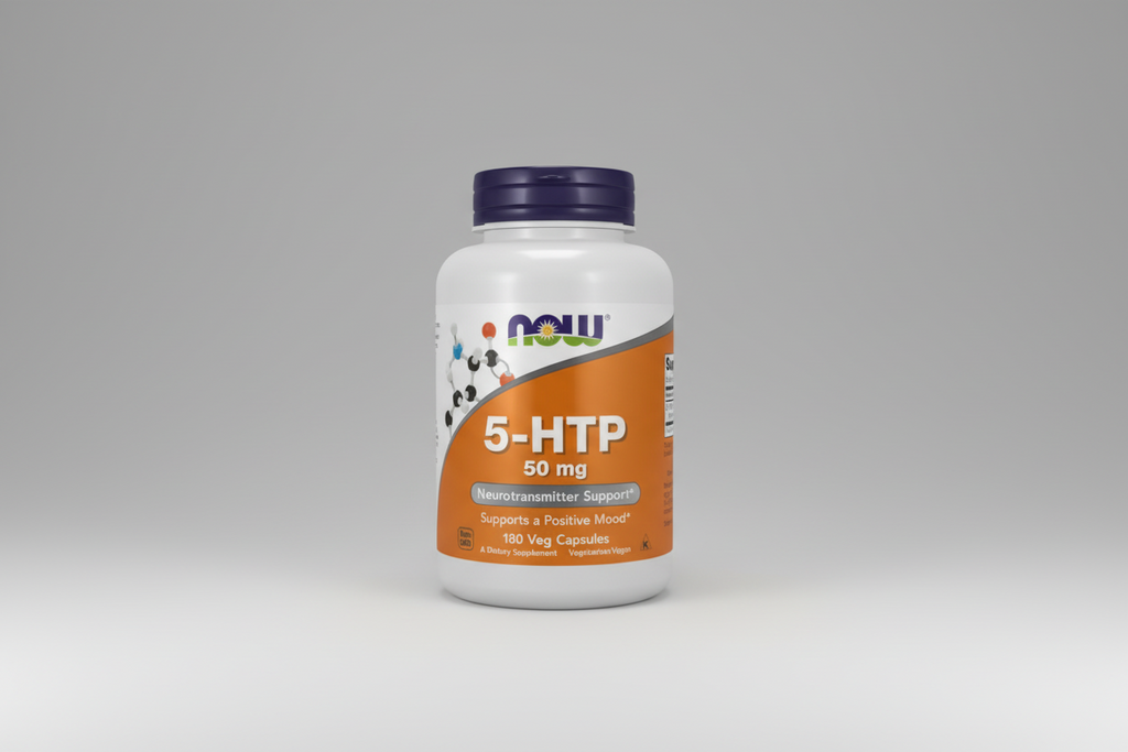 Supplement bottle labeled '5-HTP 50 mg' with Now brand on a white background