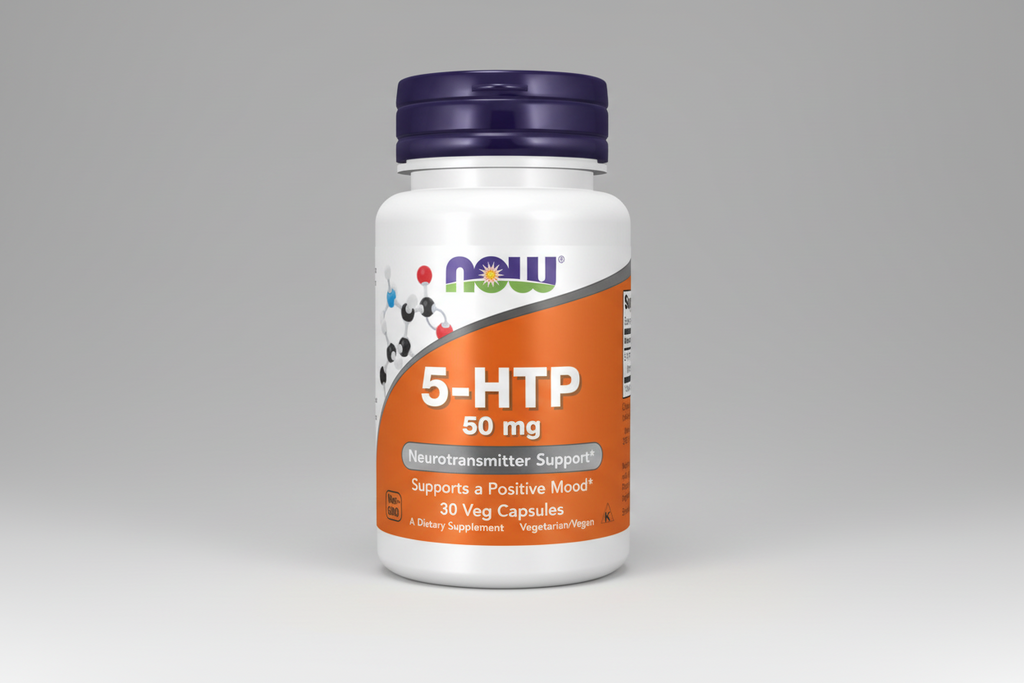 Supplement bottle labeled '5-HTP 50 mg' with Now brand on a white background