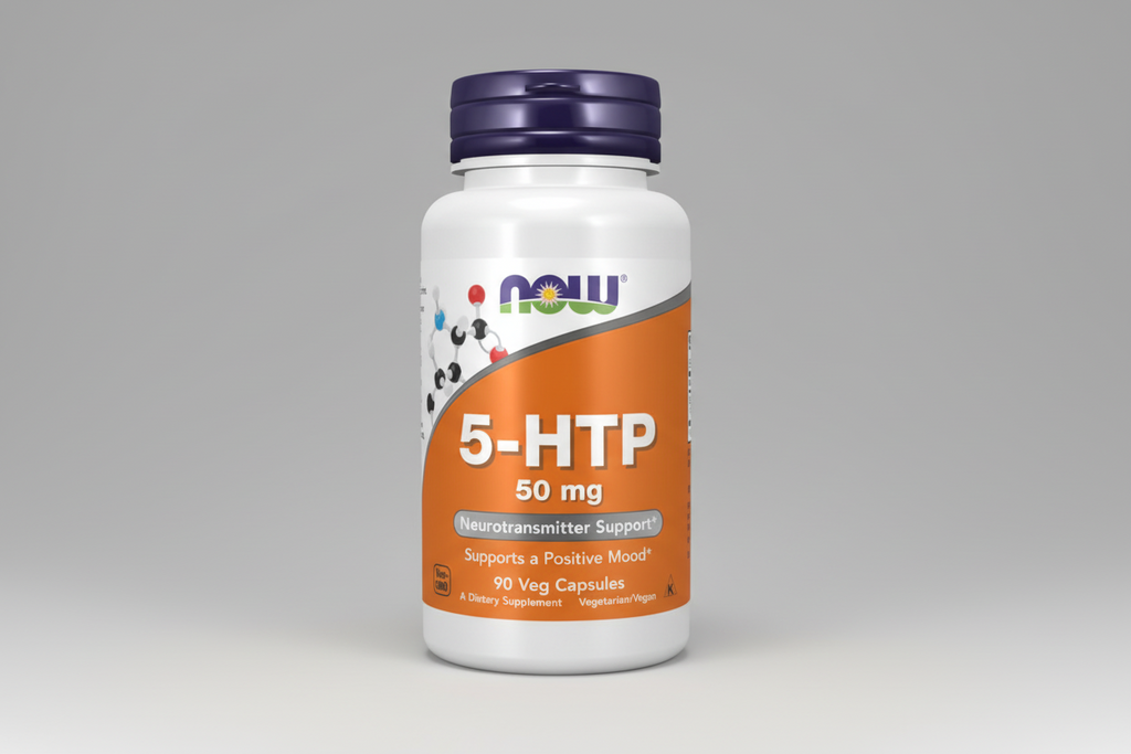 Supplement bottle labeled '5-HTP 50 mg' with NOW brand on a white background