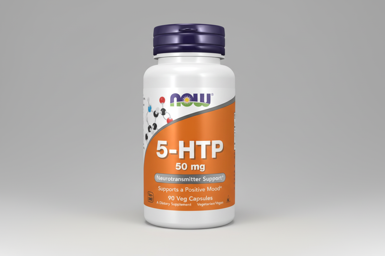 Supplement bottle labeled '5-HTP 50 mg' with NOW brand on a white background