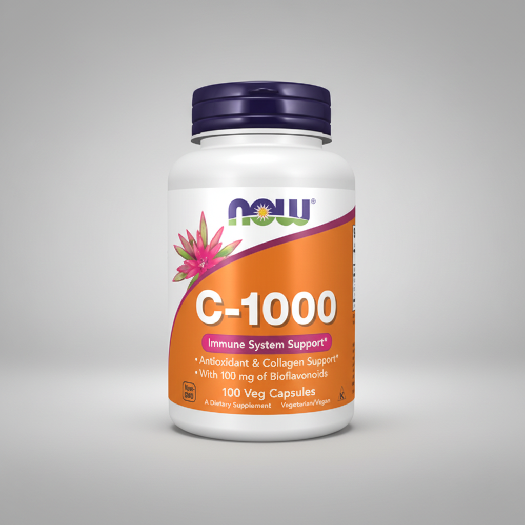 Supplement bottle labeled 'C-1000' with Now brand on a white background