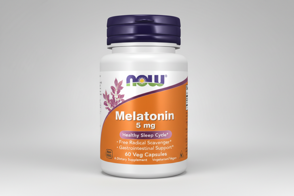 Melatonin supplement bottle with NOW brand on a white background