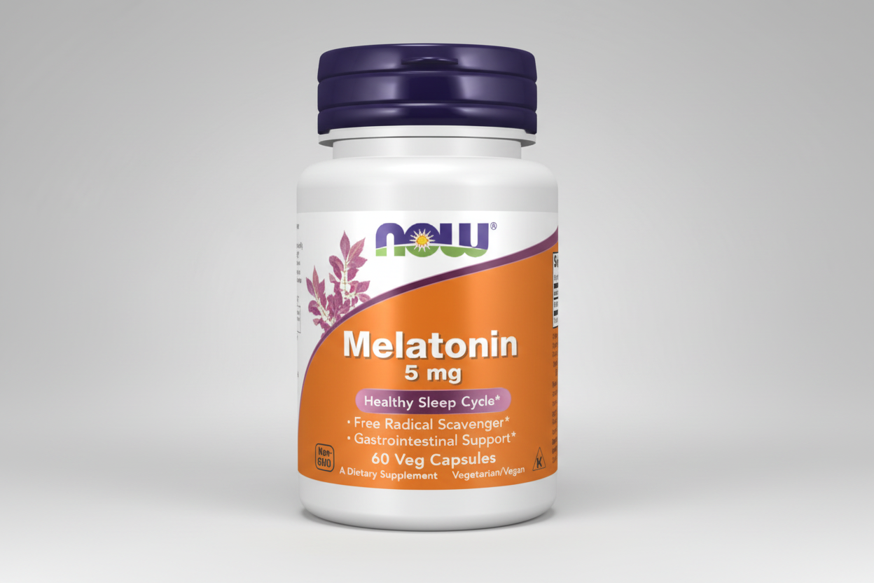Melatonin supplement bottle with NOW brand on a white background