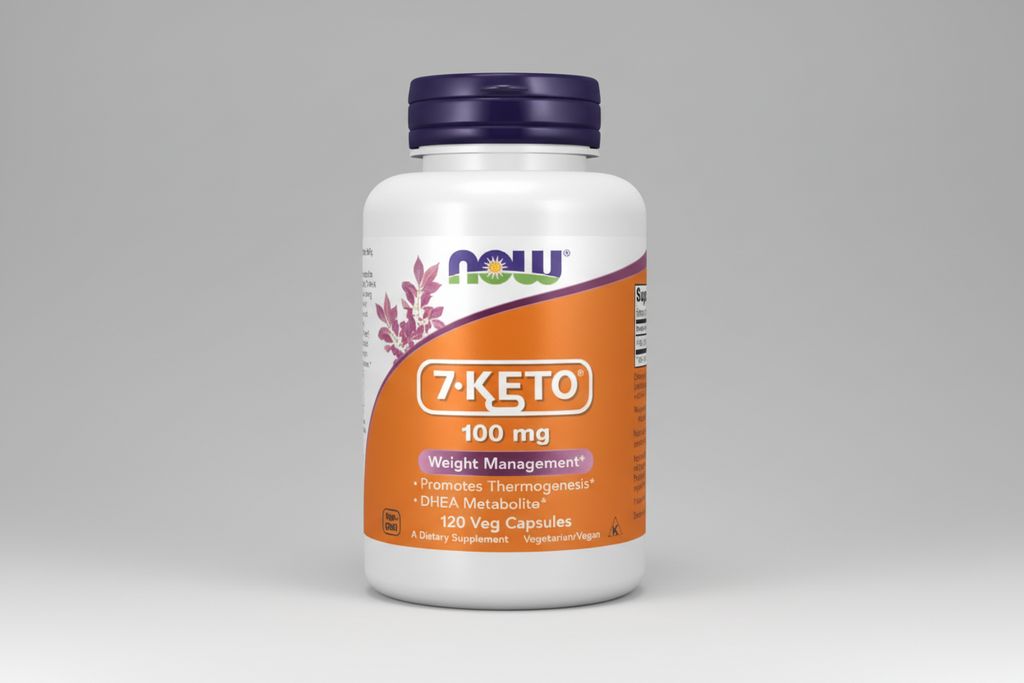 Supplement bottle labeled '7-Keto' with NOW brand on a white background