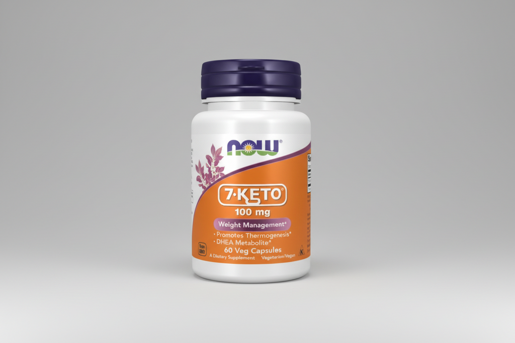 Supplement bottle labeled '7-Keto' with Now brand on a white background