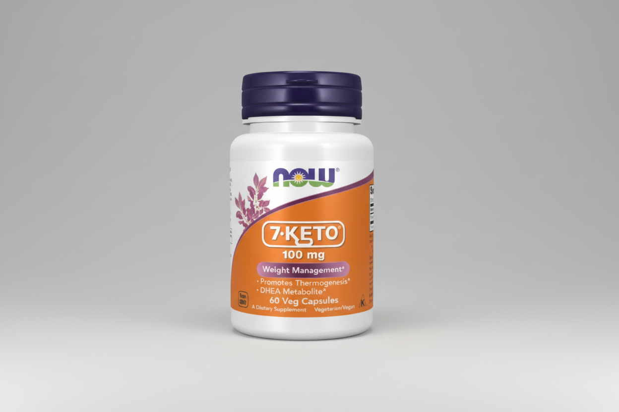 Supplement bottle labeled '7-Keto' with Now brand on a white background