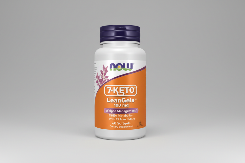 Supplement bottle labeled '7-Keto LeanGels' on a white background