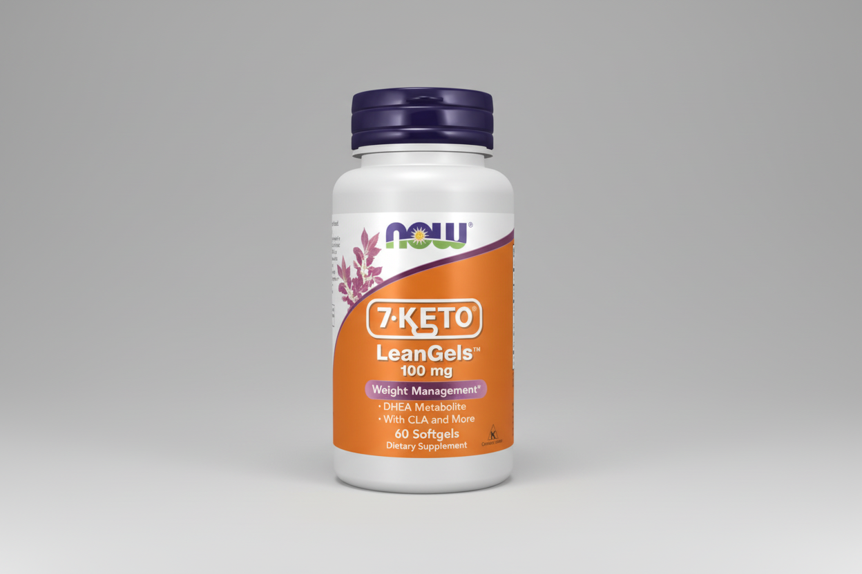 Supplement bottle labeled '7-Keto LeanGels' on a white background