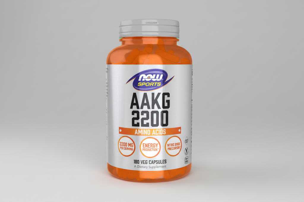 Supplement bottle labeled 'AAKG 2200' by NOW Sports on a white background
