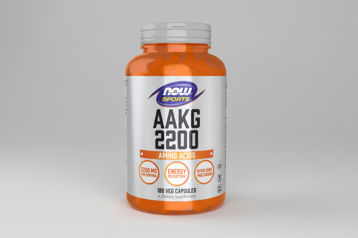 Supplement bottle labeled 'AAKG 2200' by NOW Sports on a white background