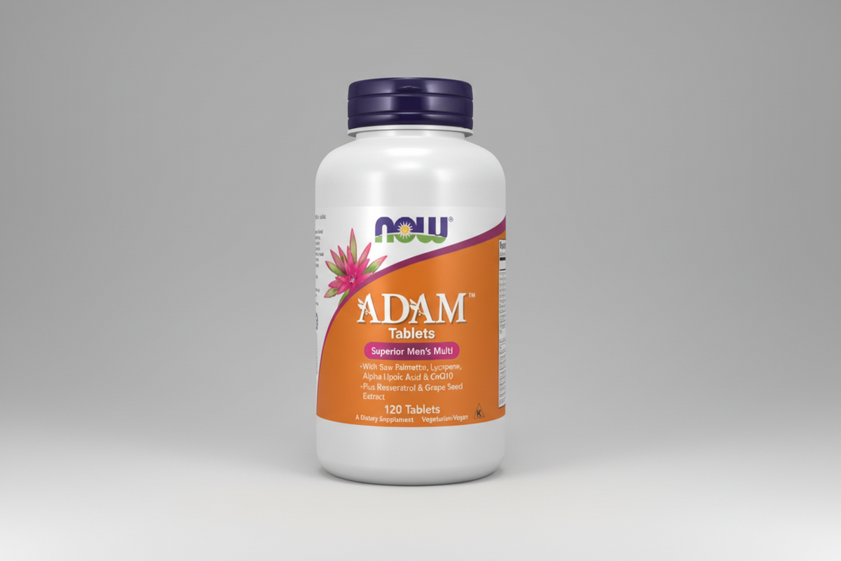 Supplement bottle labeled 'ADAM Tablets' with NOW brand on a white background