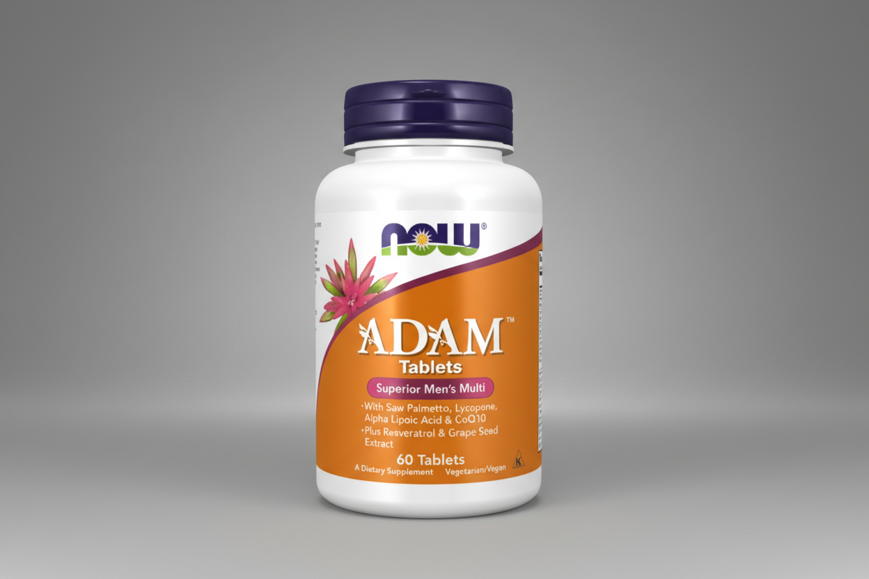 Supplement bottle labeled 'ADAM Tablets' by NOW on a white background