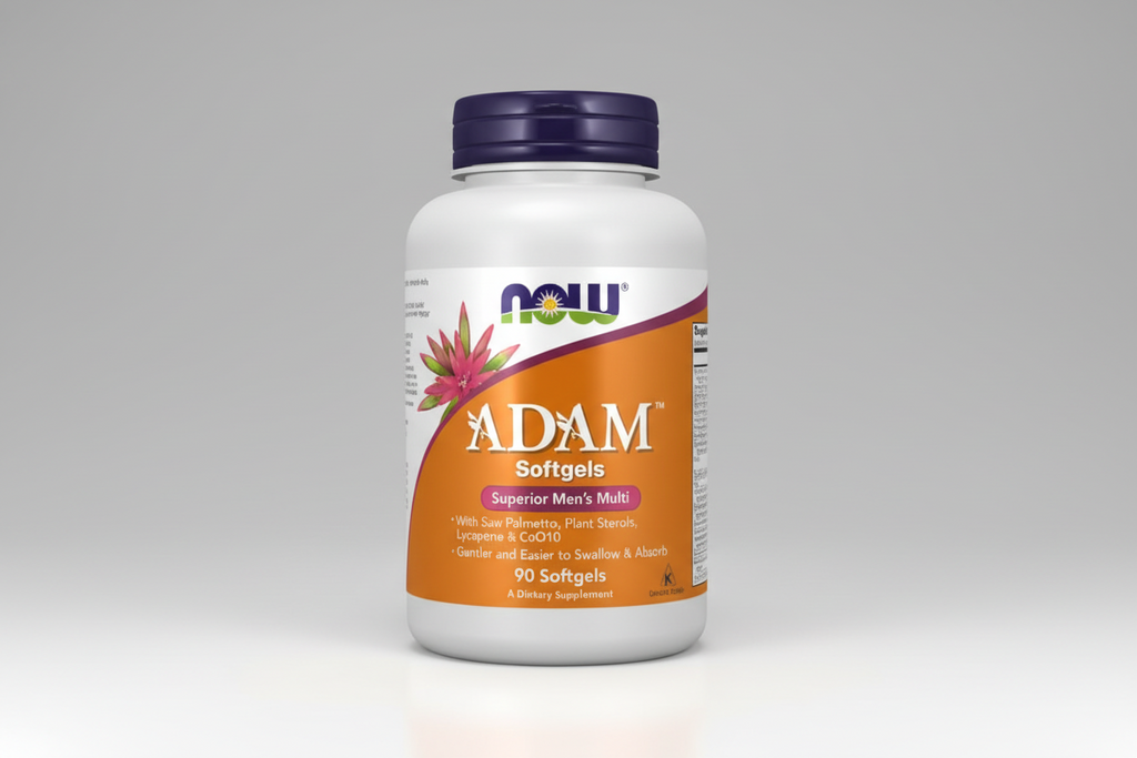 Supplement bottle labeled 'ADAM Softgels' by NOW on a white background
