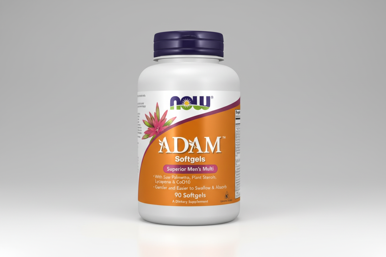 Supplement bottle labeled 'ADAM Softgels' by NOW on a white background