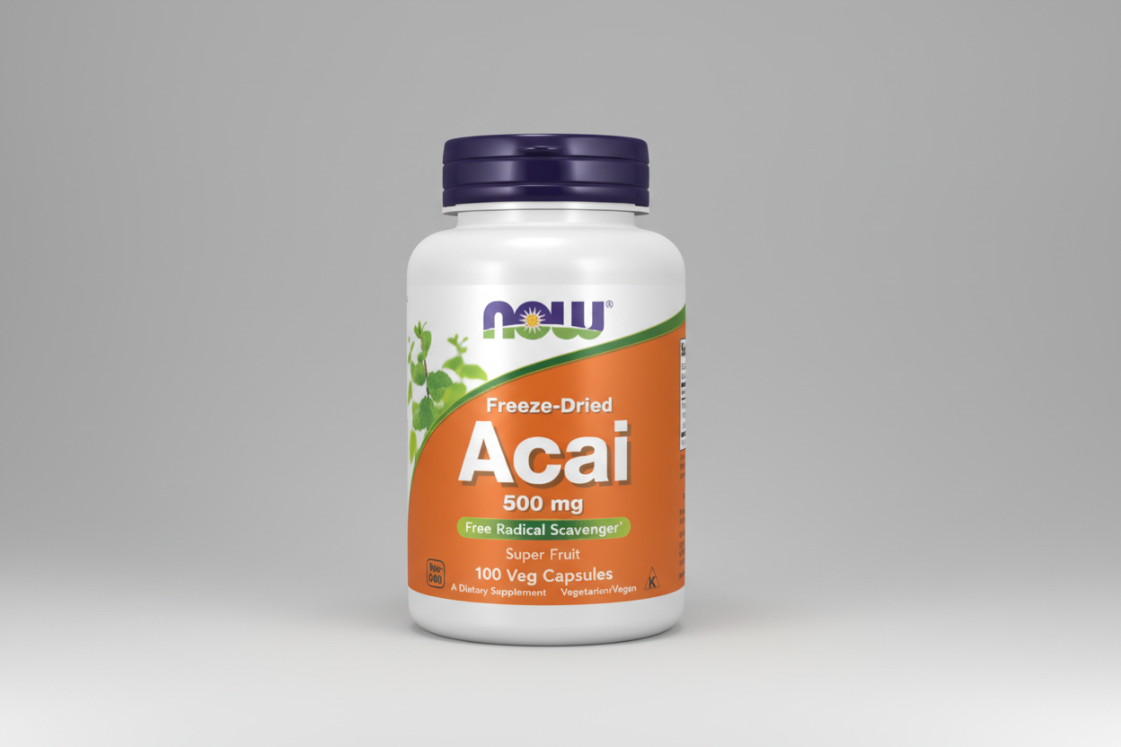Supplement bottle labeled 'Freeze-Dried Acai' with NOW brand on an orange and white background