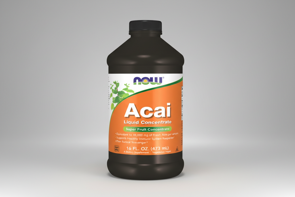 Black bottle of NOW Acai Liquid Concentrate on a white background