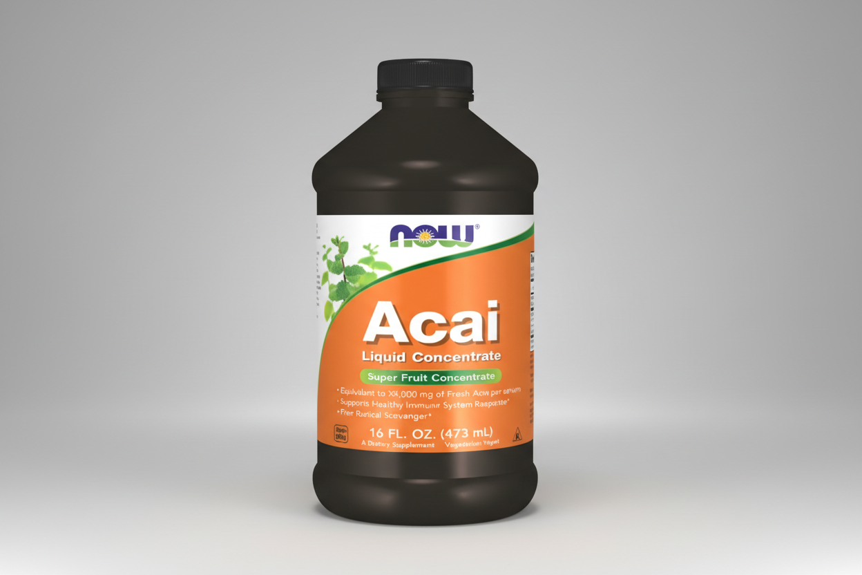 Black bottle of NOW Acai Liquid Concentrate on a white background
