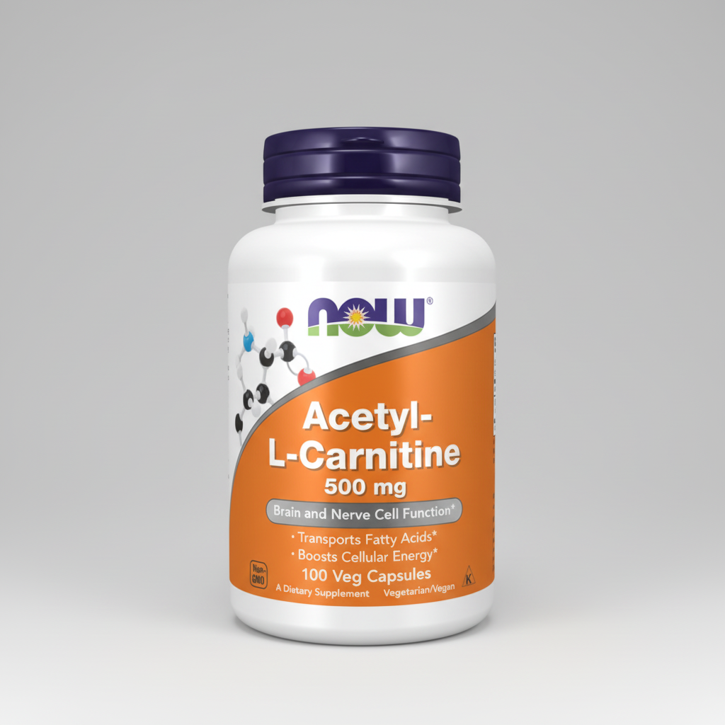 Supplement bottle of Acetyl-L-Carnitine 500 mg with NOW brand on a white background