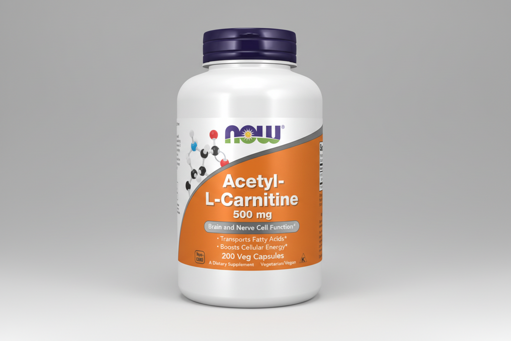 Supplement bottle of Acetyl-L-Carnitine 500 mg with Now brand on a white background