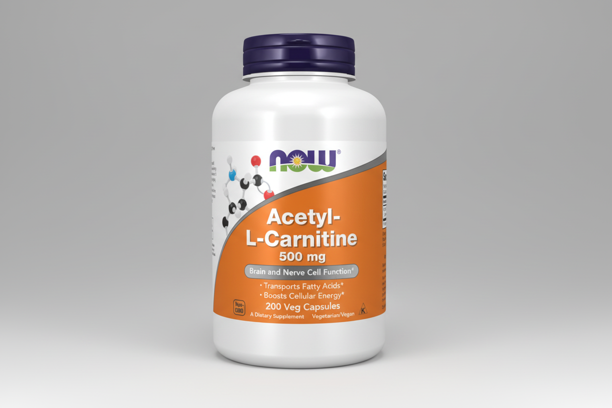 Supplement bottle of Acetyl-L-Carnitine 500 mg with Now brand on a white background